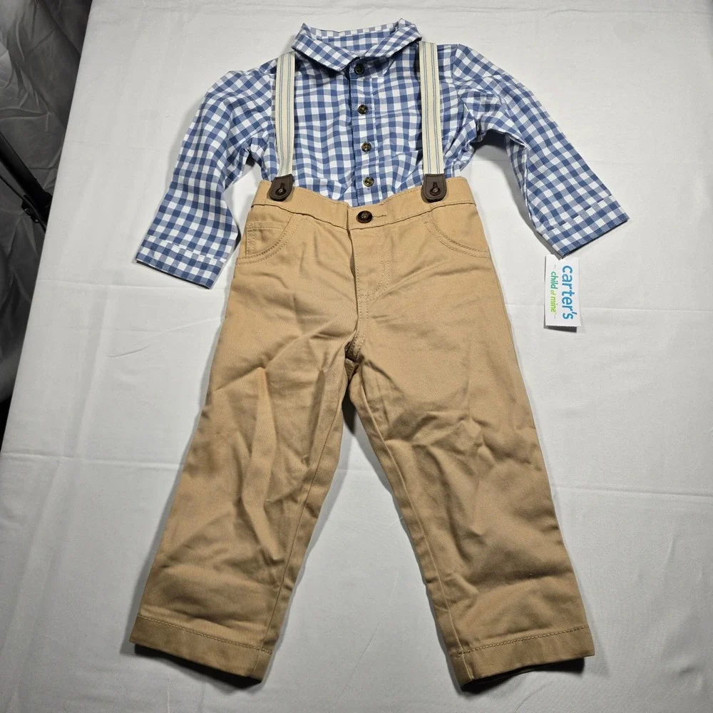 Carter's Boys 18M Gingham Shirt Khaki Pants Suspenders Set 3PC NEW